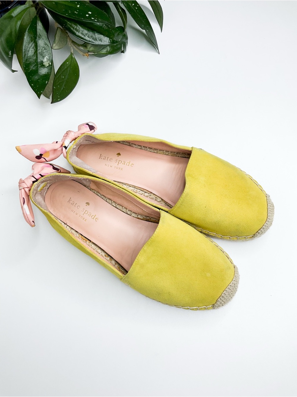 KATE SPADE New York Yellow Suede Espadrille Flats with Pink Accent
